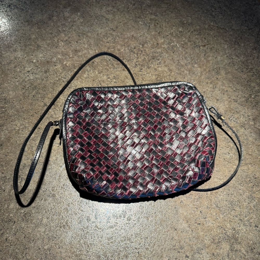 Woven Genuine Leather Crossbody Bag 1980’s Mallory Burgundy